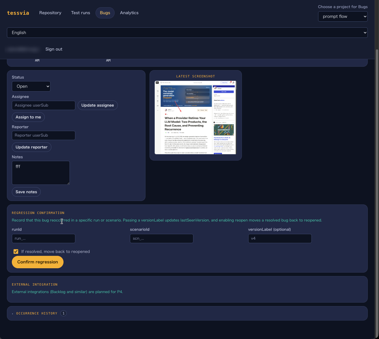tessvia のバグ管理。テスト実行で捕捉した不具合に、最新スクリーンショットと再発確認（regression）を紐付けて追跡します（メールアドレスは除去済み）