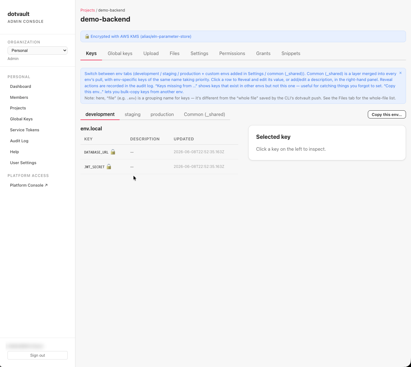 dotvault の環境変数管理。development / staging / production と共通レイヤ（_shared）を切り替え、鍵ごとに監査ログが残ります。値は AWS KMS で暗号化しています（デモ用プロジェクト・メールアドレスは除去済み）