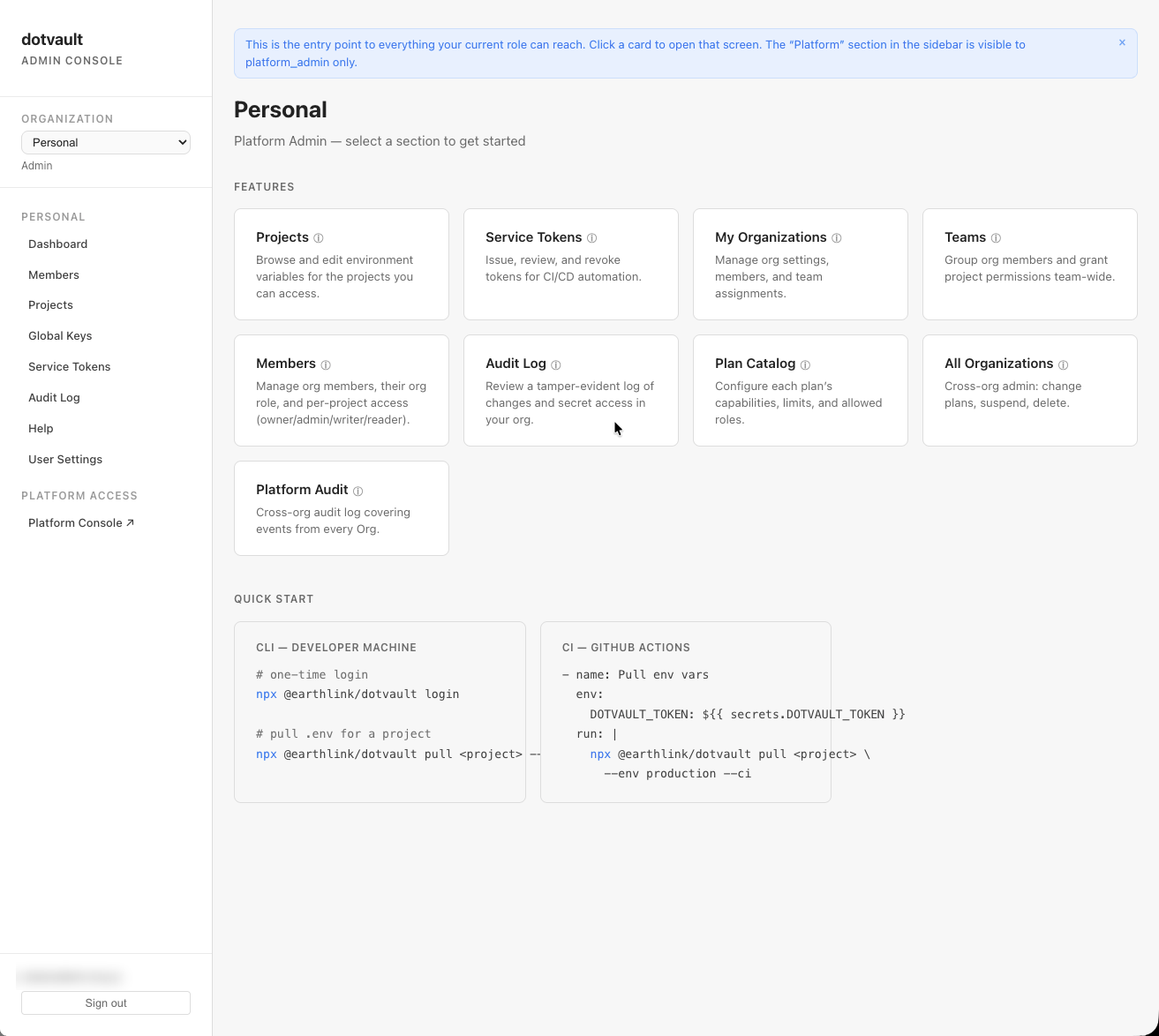 dotvault の管理コンソール。Projects・Service Tokens・Members・Audit Log などをこの1画面から辿れます。CI では npx @earthlink/dotvault pull <project> の1コマンドで .env を配布します（メールアドレスは除去済み）