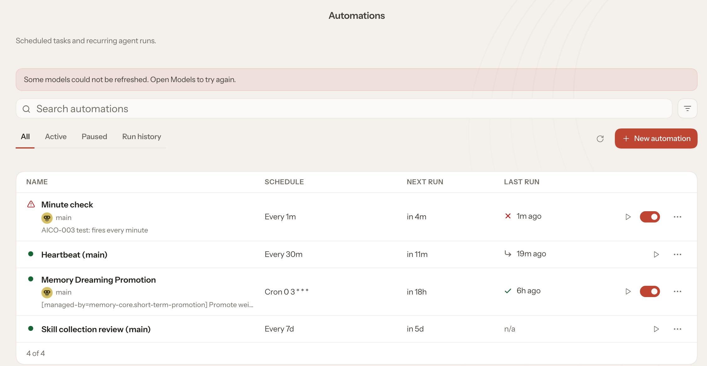 OpenClaw の Automations の画面。テストで登録した「Minute check」(1 分ごと)のほか、入れた直後からある仕事が並ぶ: Heartbeat(30 分ごと)、Memory Dreaming Promotion(毎日 3 時 UTC)、Skill collection review(7 日ごと)(実画面)