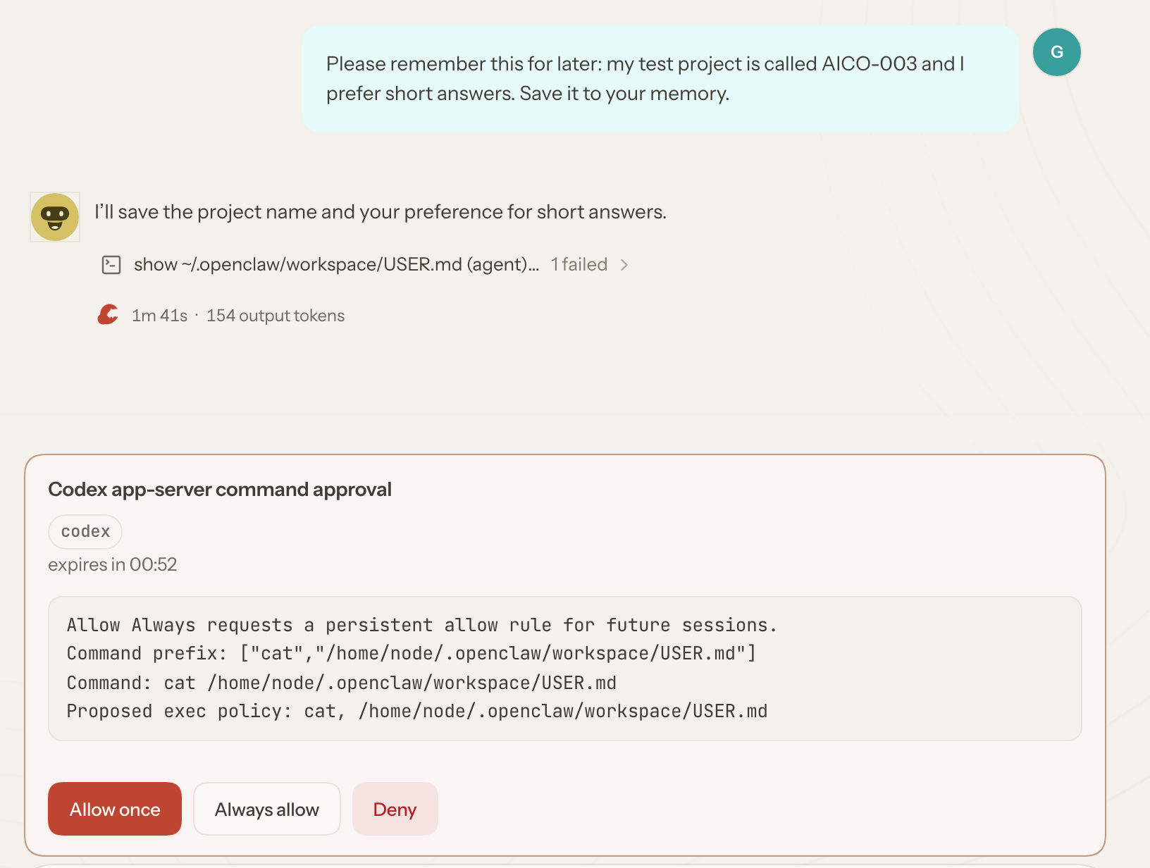 cautious の設定に切り替えたあとに OpenClaw の画面に出た承認の画面。「Codex app-server command approval」の下に実行しようとしたコマンドと提案された許可ルールがあり、Allow once・Always allow・Deny のボタンが並ぶ(実画面)