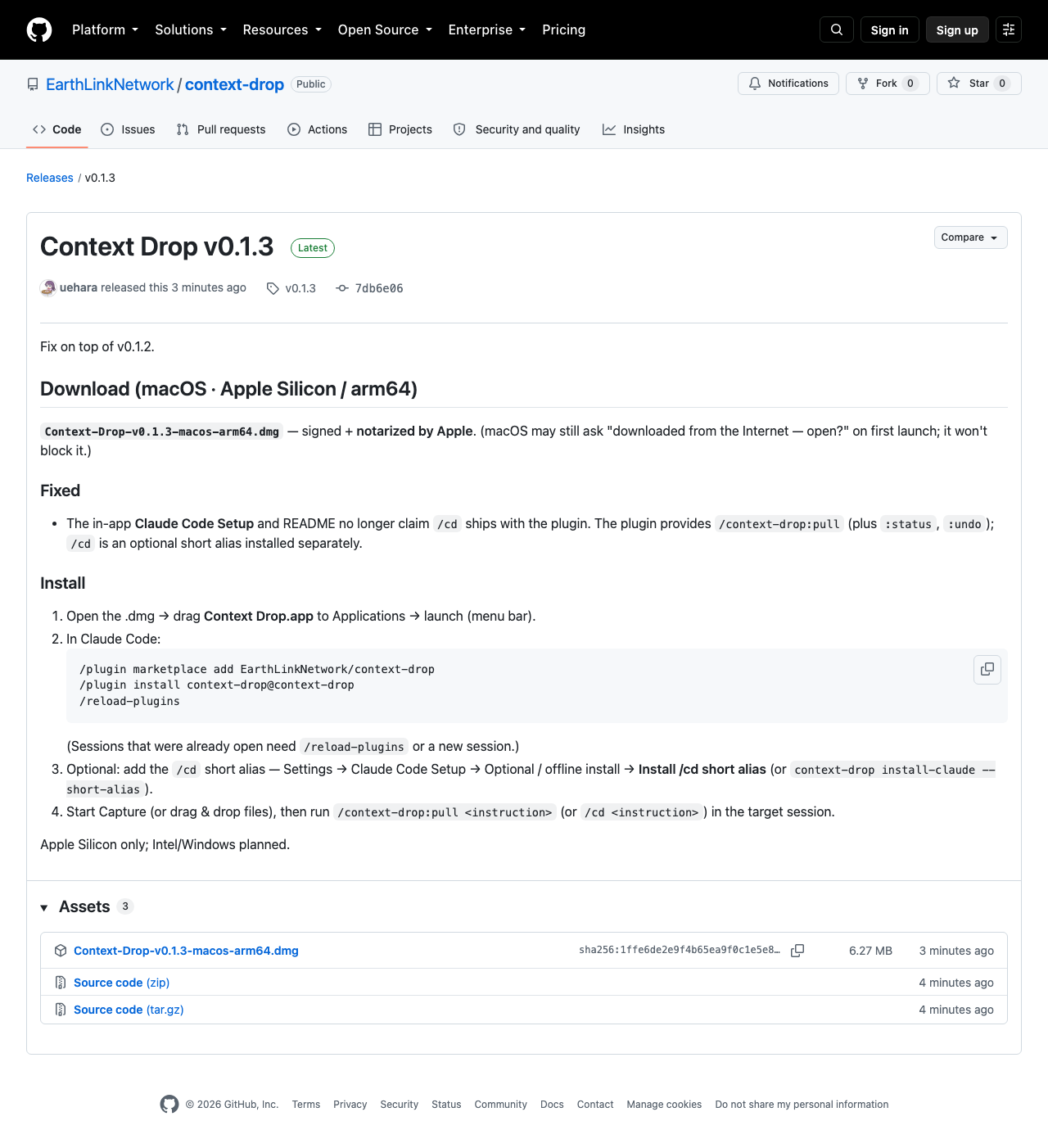 GitHub Releases ページ。Context-Drop-v0.1.3-macos-arm64.dmg をクリックしてダウンロードする。(実画面)