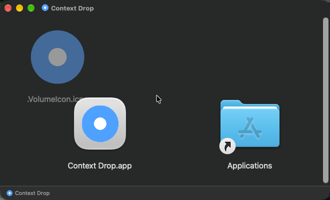 .dmg を開いた画面。Context Drop.app を Applications フォルダへドラッグする。(実画面)