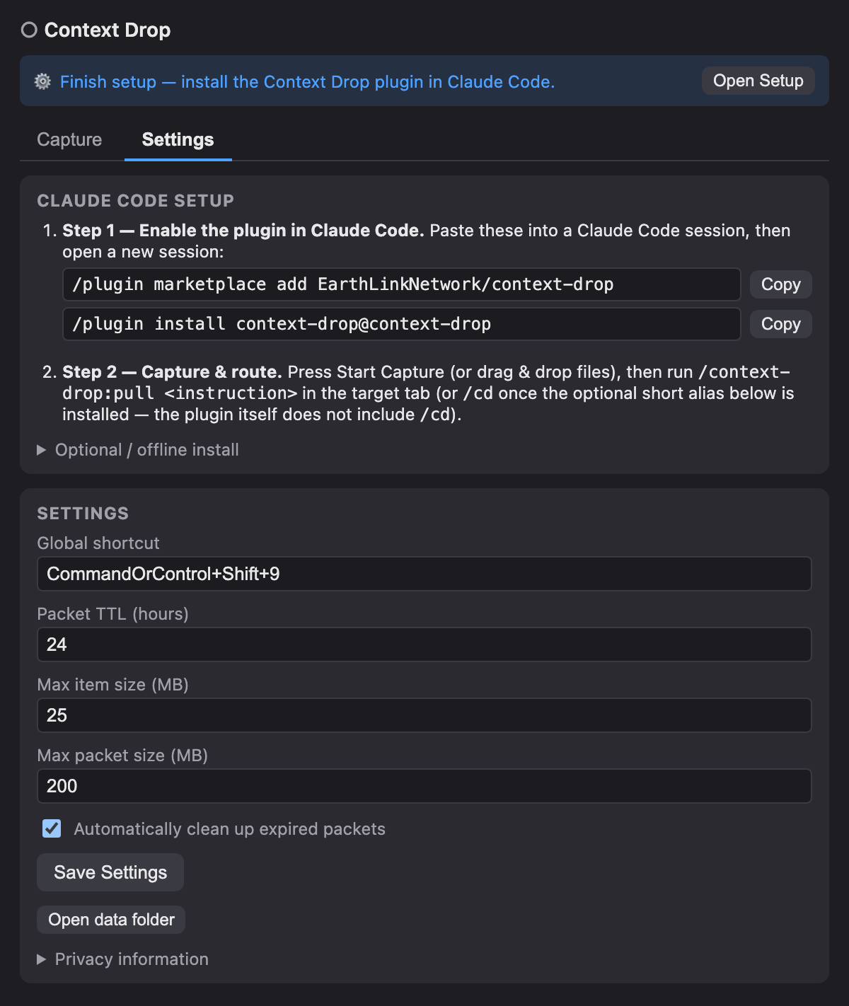 Settings タブの「Claude Code Setup」。アプリ内 Step 1 / Step 2 と、コピー可能な marketplace add / install コマンド、Optional / offline install が並ぶ。(v0.1.3 の画面を状態再現して描画)