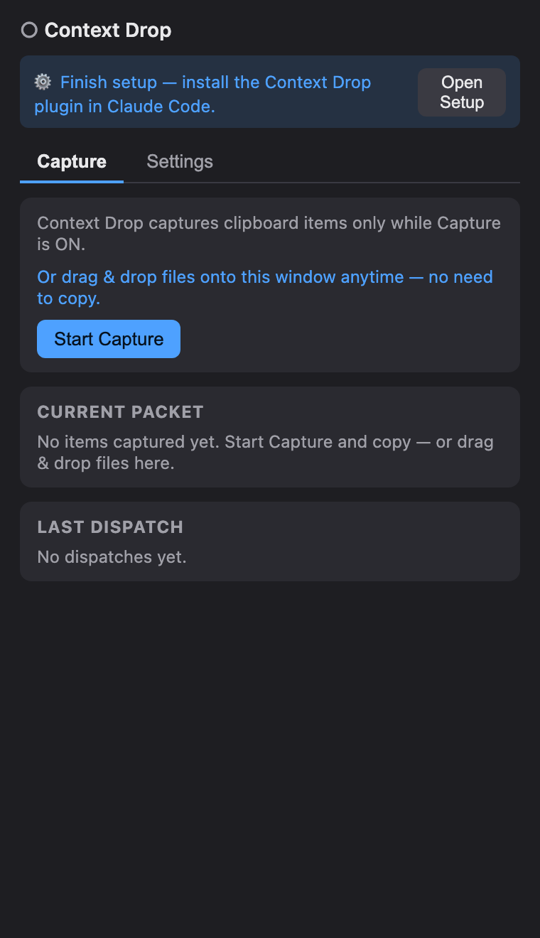 初回起動。上部に「Finish setup」バナーが出ている(プラグイン未導入の状態)。(v0.1.3 の画面を状態再現して描画)