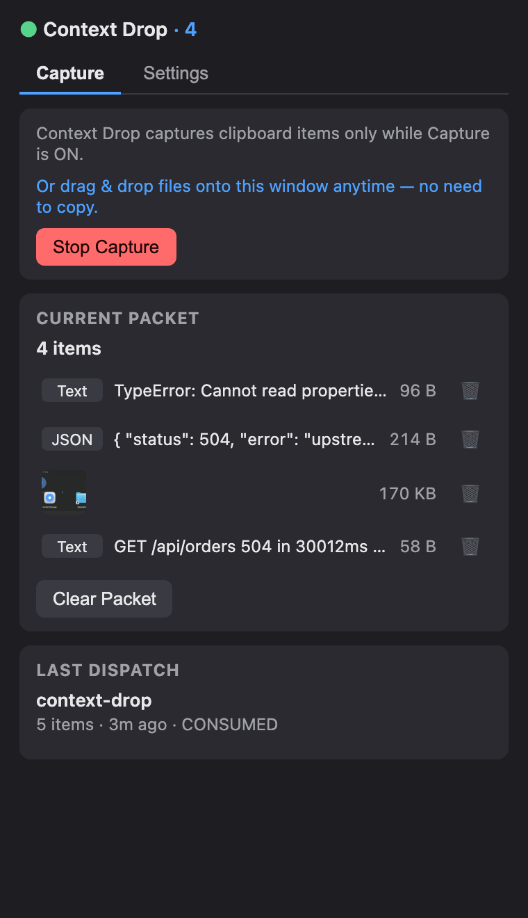 Capture タブの Current Packet。テキストのプレビューと画像サムネイル付きで item が積み上がり、下に Last Dispatch が表示される。(v0.1.3 の画面を状態再現して描画)