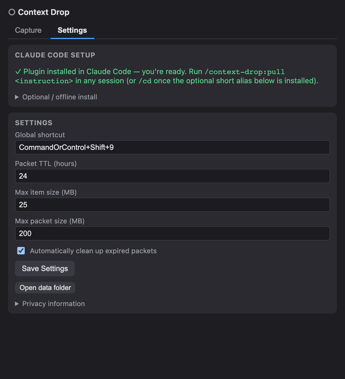 Settings に「Plugin installed in Claude Code」バッジが表示された状態。(v0.1.3 の画面を状態再現して描画)