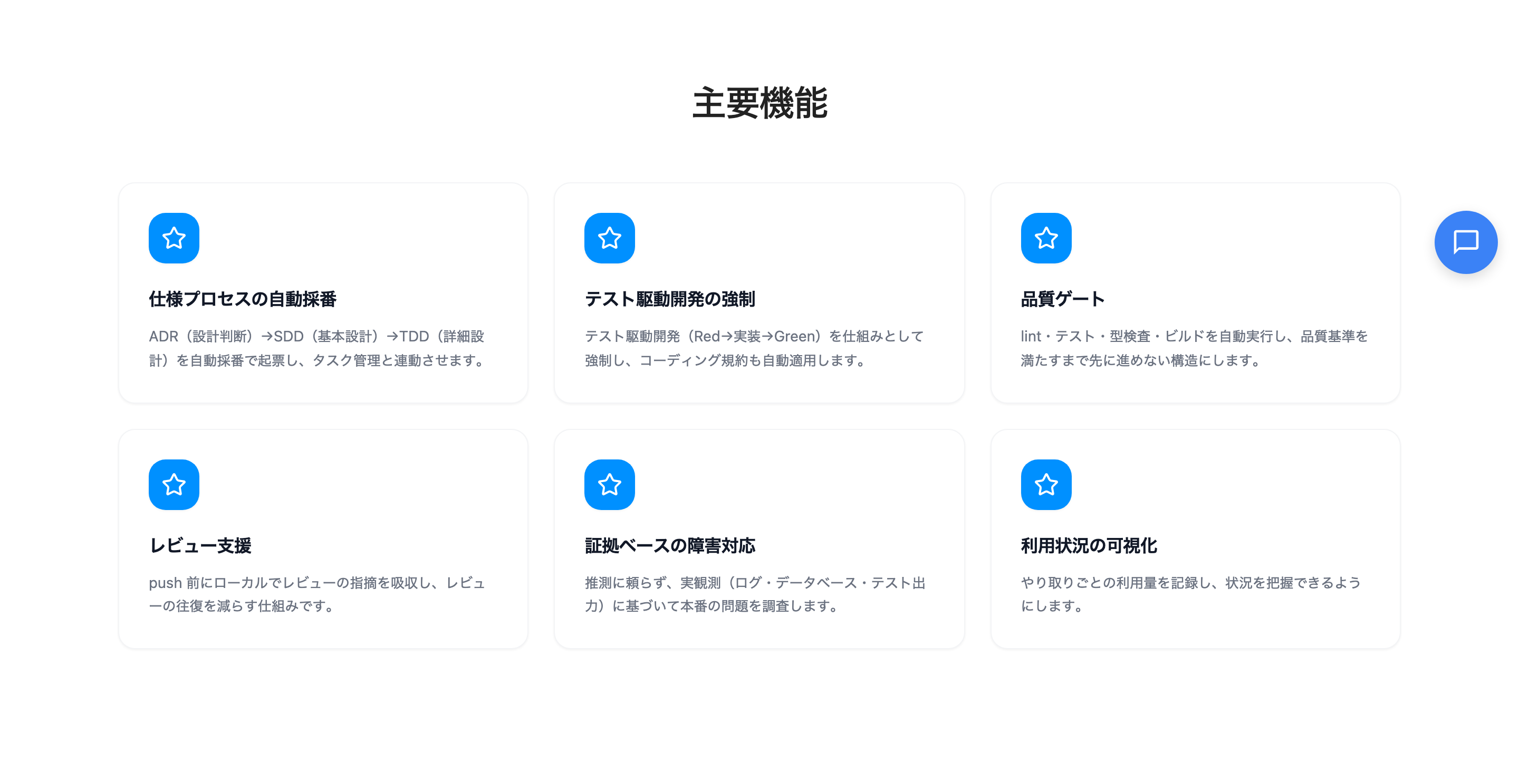 claude-plugins の主要機能。仕様プロセスの自動採番・テスト駆動開発の強制・品質ゲート・レビュー支援・証拠ベースの障害対応・利用状況の可視化(https://www.eln.ne.jp/products/claude-plugin の実画面)