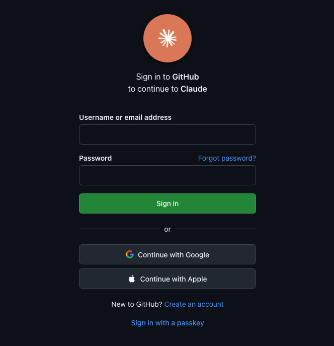 GitHub のサインイン画面。「Sign in to GitHub to continue to Claude」と表示される(実画面)