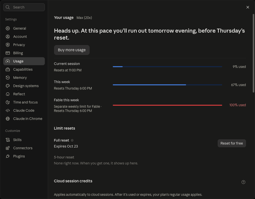 Settings の左メニューで Usage を選ぶと、今のセッションと週ごとの使用率が表示される(実画面)