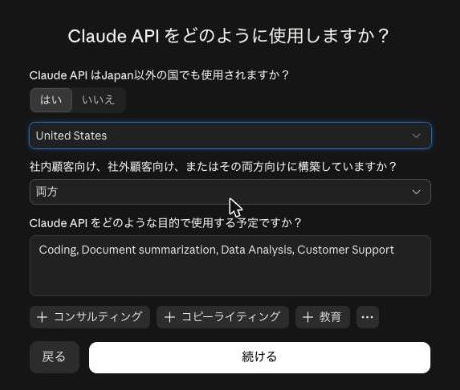 「Claude API をどのように使用しますか？」の画面。日本以外の国でも使うか、社内向けか社外向けか、どんな目的で使うかを答える（実画面）