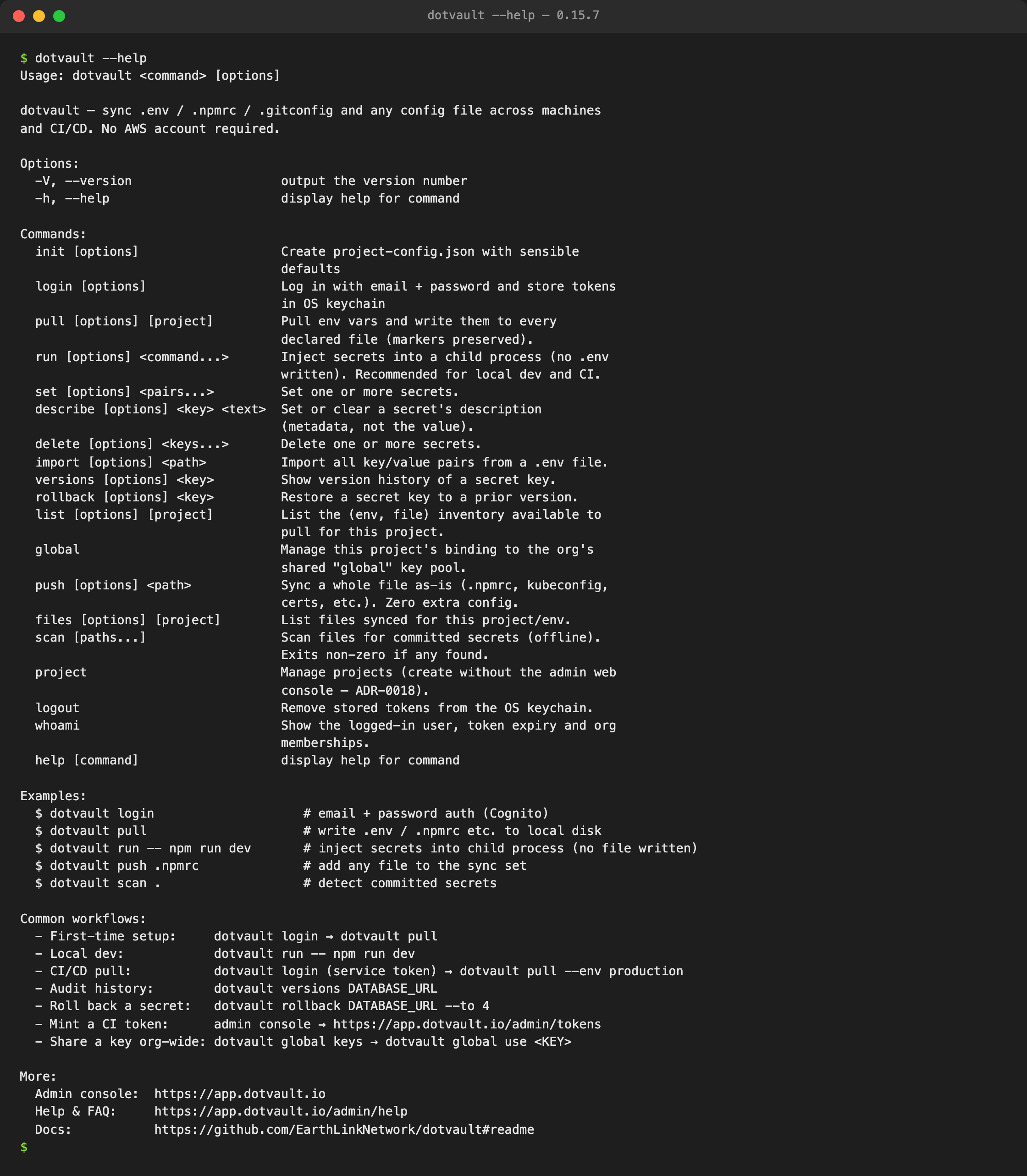dotvault --help の全文(CLI 0.15.7・2026 年 10 月 17 日)。init・login・pull・run・set・describe・delete・import・versions・rollback・list・global・push・files・scan・project・logout・whoami の各コマンドの 1 行説明に続き、Examples に login・pull・run・push・scan の例、Common workflows に初回設定・ローカル開発・CI/CD からの pull・履歴の確認・値の戻し・token の発行・組織共通の key の共有の 7 つの流れが並ぶ。画面は実際の出力を文字どおりに再構成したもので、内容は実出力と同じ。