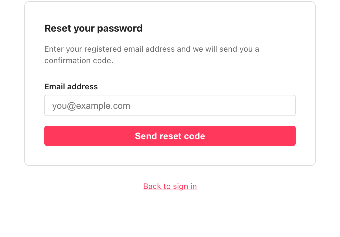 /forgot-password の画面（英語 UI・2026 年 10 月 18 日）。「Reset your password」の見出し、メールアドレスの欄、Send reset code のボタン、Back to sign in のリンク。