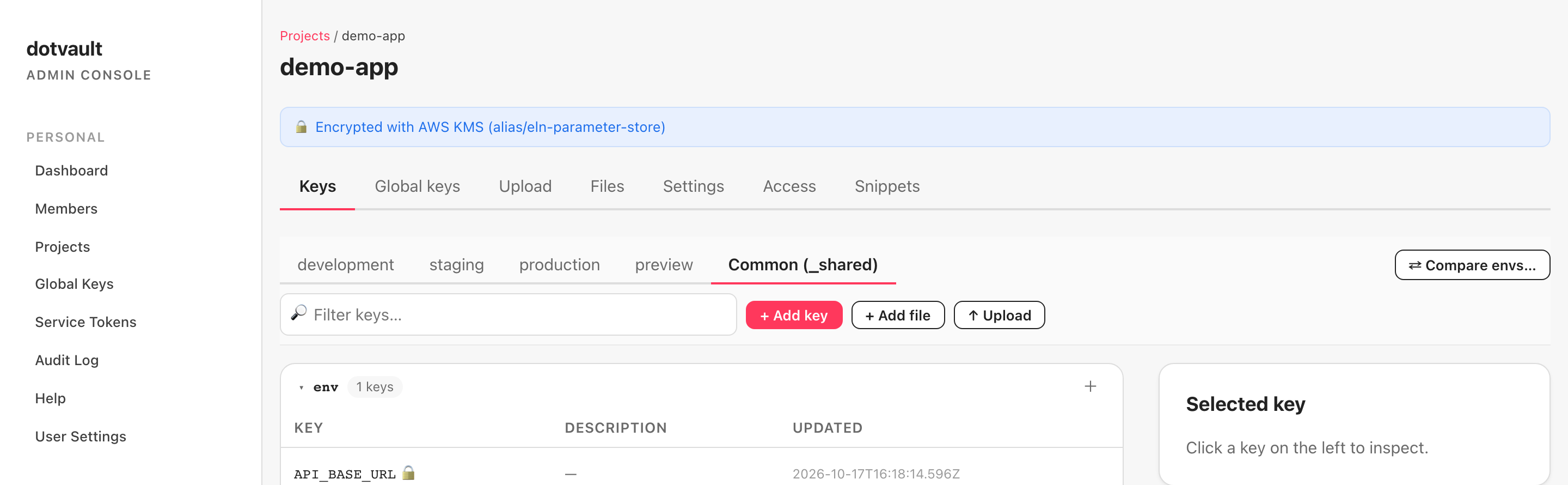 Promote の後の Common (_shared) タブ（英語 UI）。一覧に API_BASE_URL の 1 行だけがあり、更新日時は Promote を押した時刻。