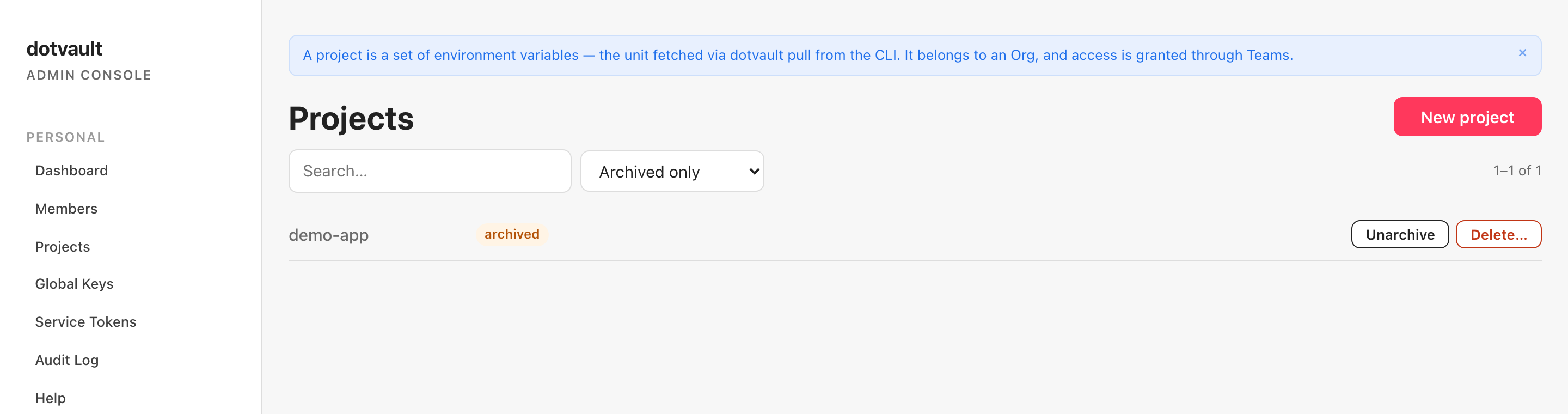 project 一覧で Archived only を選んだ画面（英語 UI）。demo-app の行に archived の印と、Unarchive・Delete… の 2 つのボタン。