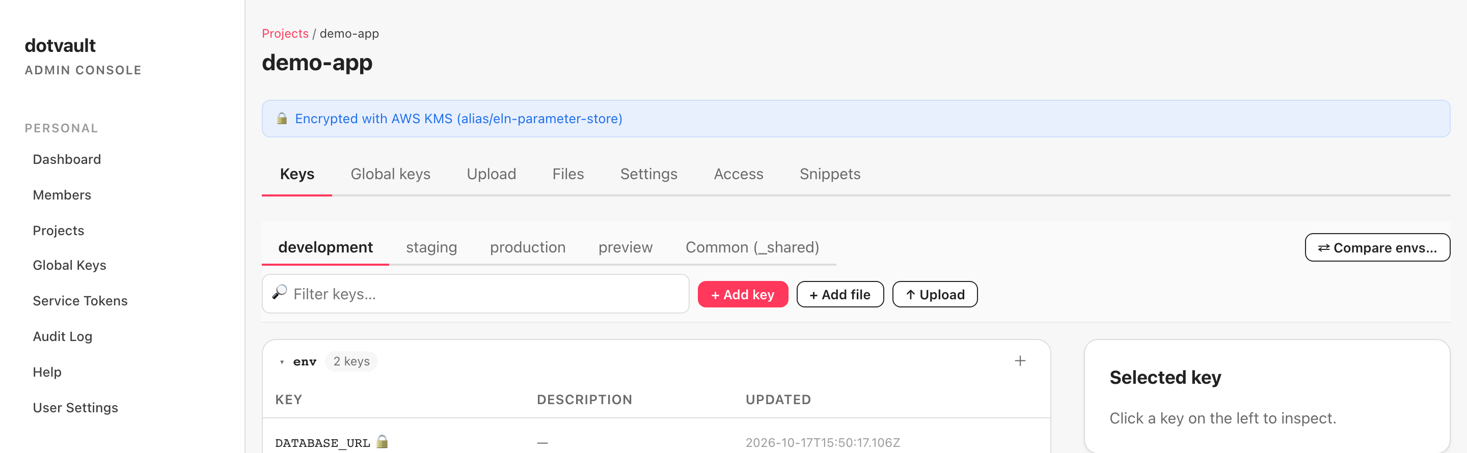 Promote の後の development（英語 UI）。一覧は DATABASE_URL と SMTP_PASSWORD の 2 行になり、API_BASE_URL は無い。