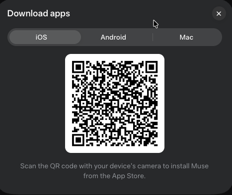 Muse の「Download apps」の画面。iOS・Android・Mac のタブがあり、iOS を選ぶと QR コードと「Scan the QR code with your device's camera to install Muse from the App Store.」の説明が出る。