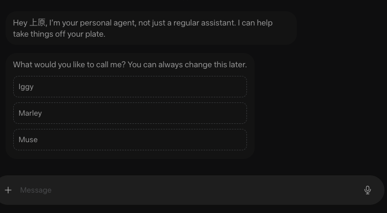 Muse の最初の画面。「Hey 上原, I'm your personal agent, not just a regular assistant. I can help take things off your plate.」のあいさつの下に、「What would you like to call me? You can always change this later.」と、Iggy・Marley・Muse の 3 つの名前の候補が出ている。