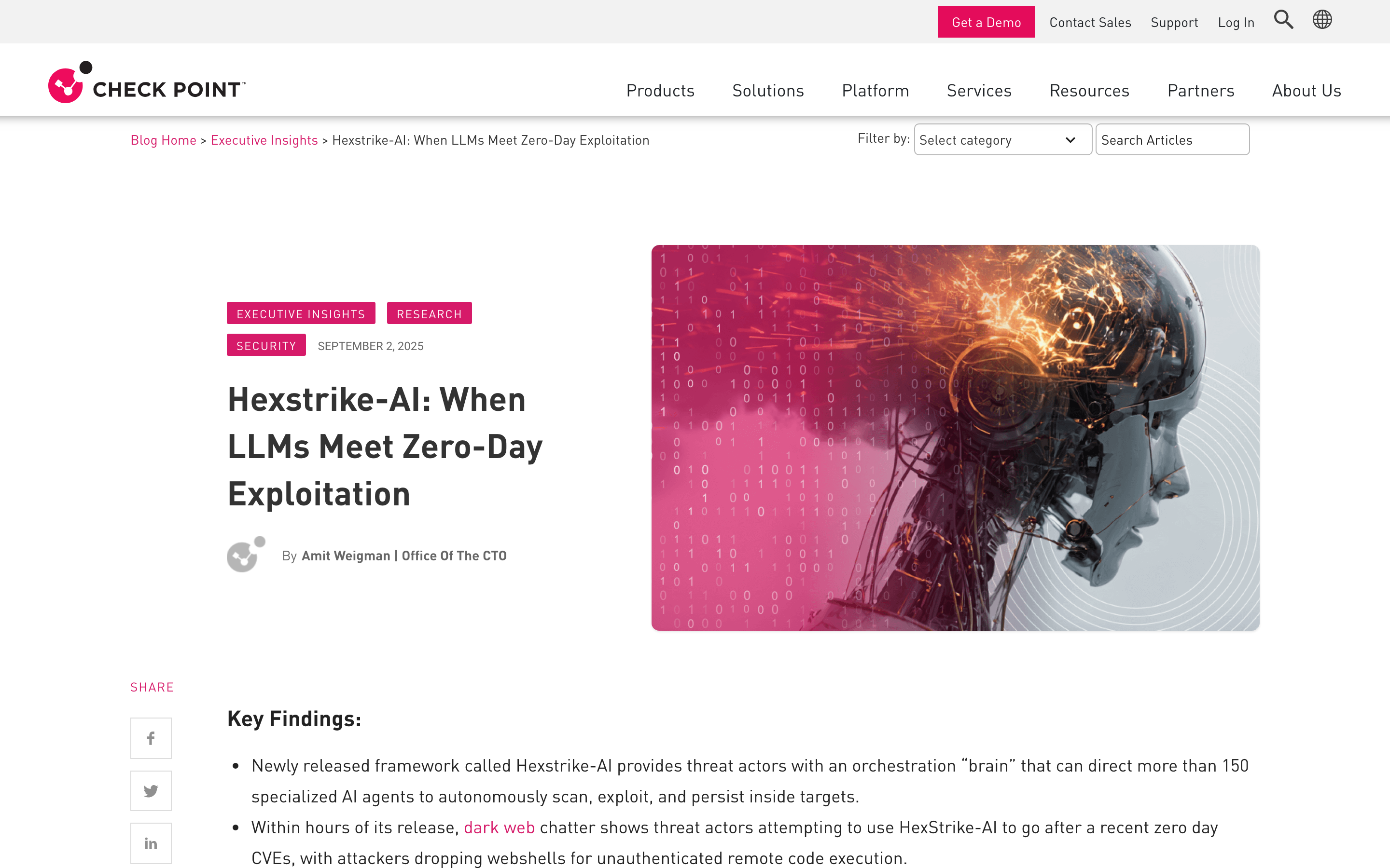 セキュリティ会社 Check Point の 2025 年 9 月 2 日の記事ページ。見出しは「Hexstrike-AI: When LLMs Meet Zero-Day Exploitation」。Key Findings として、150 以上のツールを自律指揮する枠組みであること、ツールの公開から数時間で地下で悪用の相談が始まったことが箇条書きで示されている。