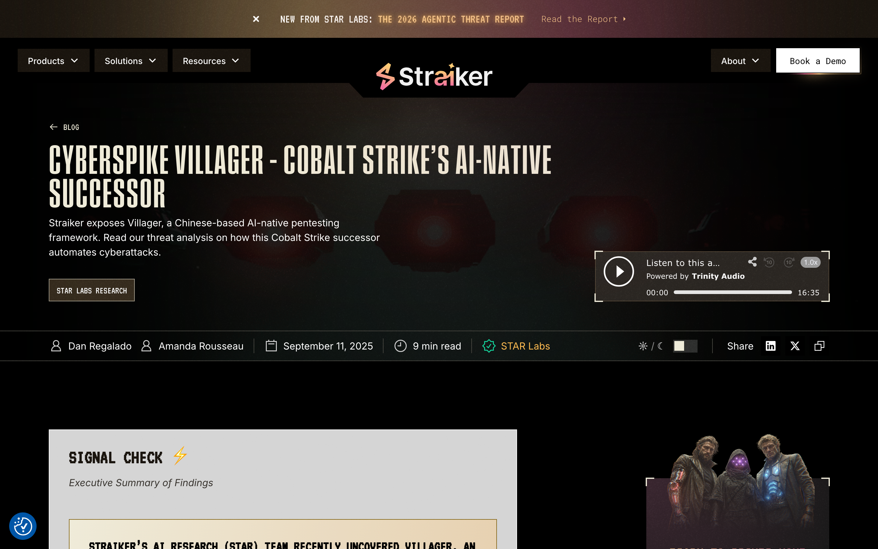 セキュリティ会社 Straiker の STAR Labs が 2025 年 9 月 11 日に公表した Villager の分析記事のページ。見出しは「Cyberspike Villager - Cobalt Strike's AI-Native Successor」。ダーク背景に記事タイトルと著者名・9 min read の表示が見える。