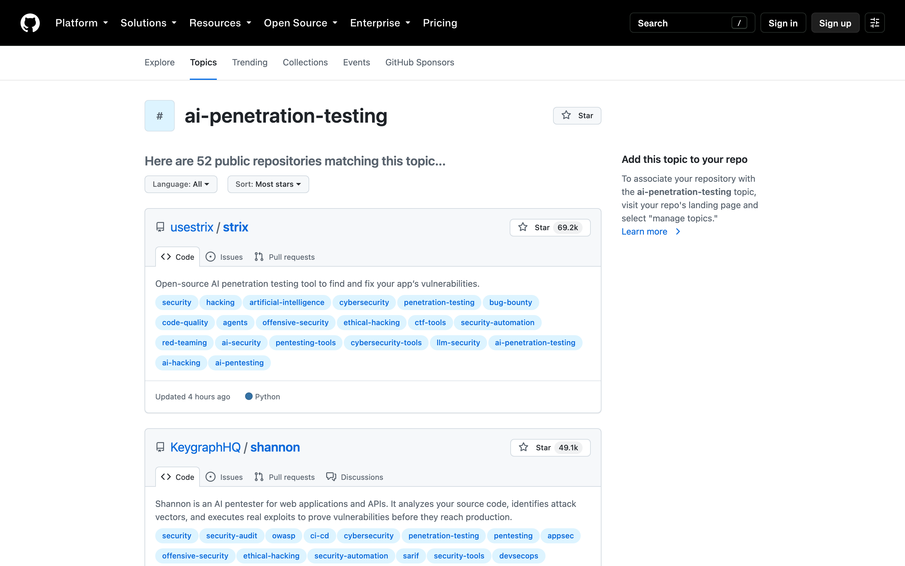 GitHub の「ai-penetration-testing」というトピックのページ（2026 年 10 月 18 日）。「Here are 52 public repositories matching this topic...」と表示され、usestrix/strix（69.2k stars）、KeygraphHQ/shannon（49.1k stars）などが star 数つきで並んでいる。各リポジトリには security・penetration-testing・ai などのタグが付く。