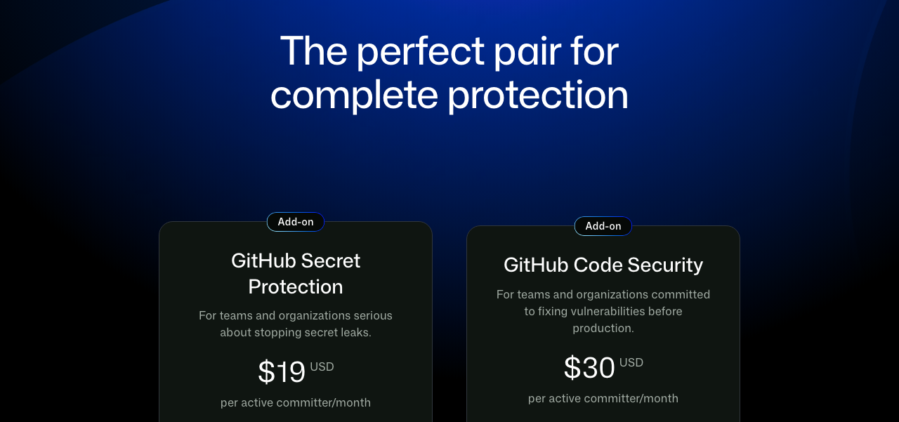 GitHub の料金ページの追加機能。GitHub Secret Protection（鍵やパスワードの漏れを止める機能）が、コードを書き込む人 1 人あたり月 19 ドル。GitHub Code Security（CodeQL などのコードの検査）が、同じく月 30 ドル。2026-10-23 撮影。
