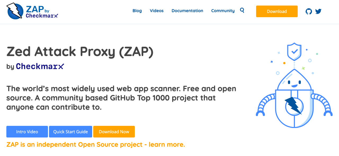 ZAP の公式ページ（www.zaproxy.org）。「Free and open source（無料でオープンソース）」「ZAP is an independent Open Source project（独立したオープンソースのプロジェクト）」と書かれている。2026-10-23 撮影。