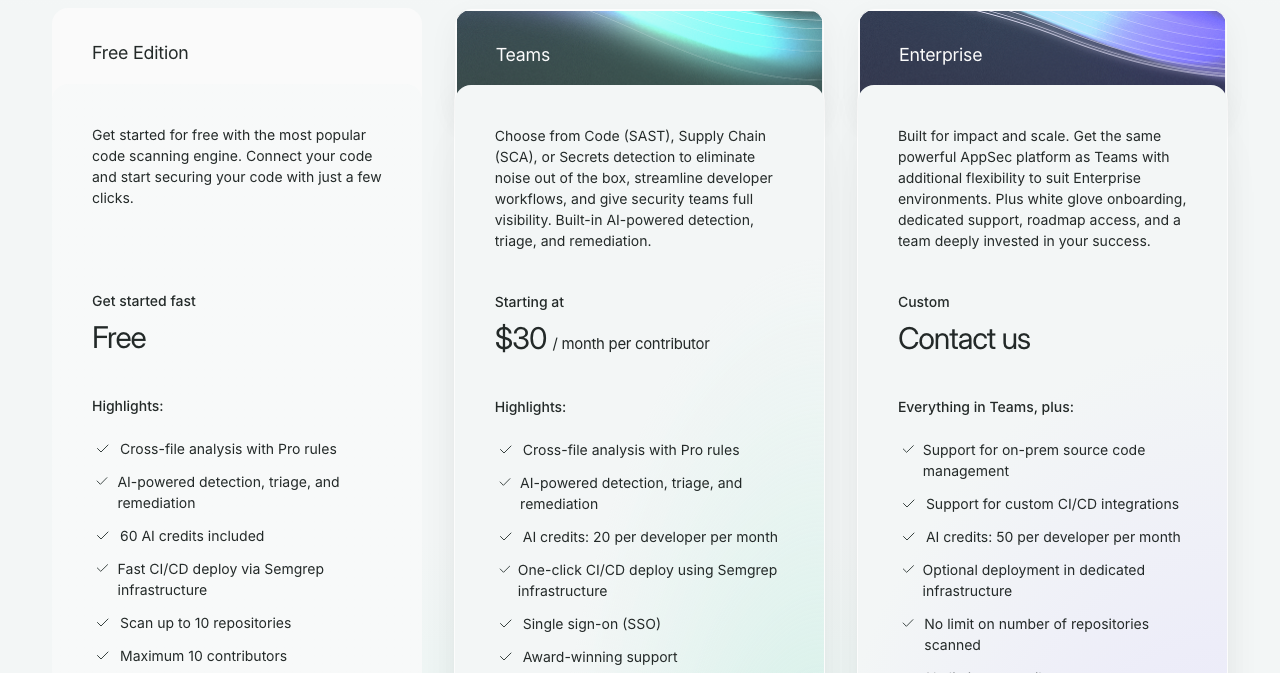 Semgrep の料金ページ。Free Edition（無料）は、リポジトリ 10 個まで・使う人 10 人まで。Teams は、使う人 1 人あたり月 30 ドルから。Enterprise は要相談。2026-10-23 撮影。