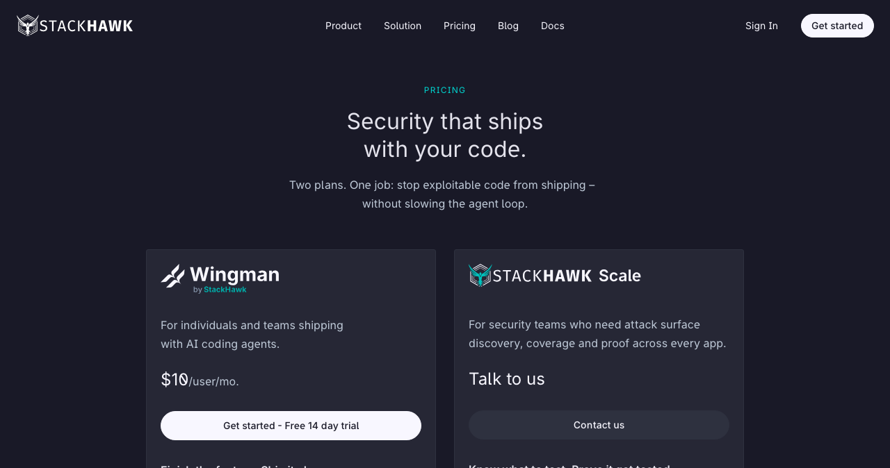 StackHawk の料金ページ。プランは Wingman（1 人あたり月 10 ドル）と Scale（要相談）の二つだけで、ボタンには「Free 14 day trial（14 日間の無料お試し）」とある。2026-10-23 撮影。