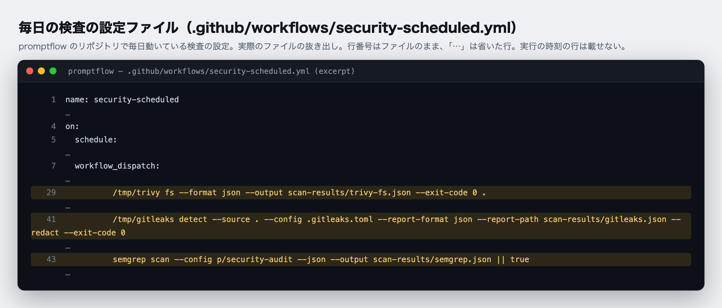 promptflow のリポジトリにある、毎日の検査の設定ファイル（.github/workflows/security-scheduled.yml）の実物の抜き出し。5 行目の schedule が「毎日決まった時刻に実行する」という指定（時刻の行は省いた）。29 行目で Trivy が部品の弱点を、41 行目で Gitleaks が鍵やパスワードの置き忘れを、43 行目で Semgrep が自分のコードの危ない書き方を調べる。行番号はファイルのまま、「…」は省いた行。2026-10-24 に main から取得。