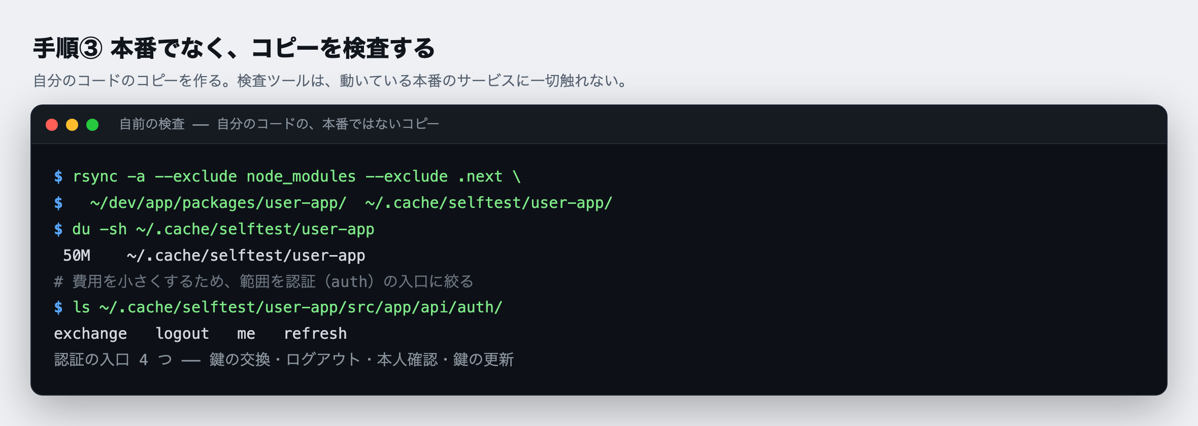 手順③:本番でなくコピーを対象にする。rsync で自分のコードを別の場所にコピーする(本番には触れない)。そのうえで、範囲を認証(auth)の入口だけに絞る。ここには 4 つの入口(鍵の交換・ログアウト・本人確認・鍵の更新)がある。範囲を絞るほど、費用は小さく、調べは深くなる。
