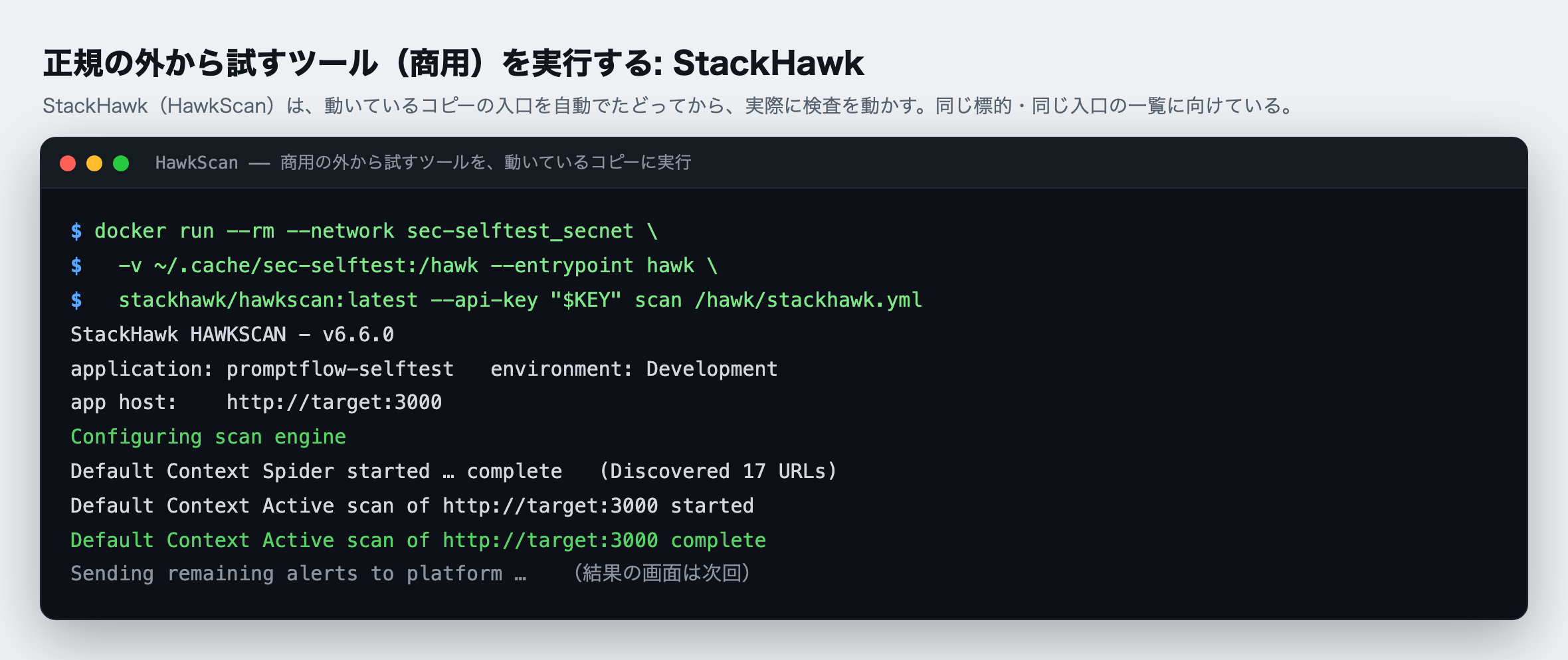 正規の外から試すツール(商用):StackHawk(HawkScan)の実行ログ。docker run で立ち上げ、サービスの入口を自動でたどって一覧を作り(17 の URL を発見)、そのうえで実際に検査を動かす。「検査を設定中」「入口のたどりが完了」「検査を開始・完了」と進み、見つかったものを管理の画面へ送る。同じ標的・同じ入口の一覧に向けている。見つかったものの集計は、結果の画面として次回に。