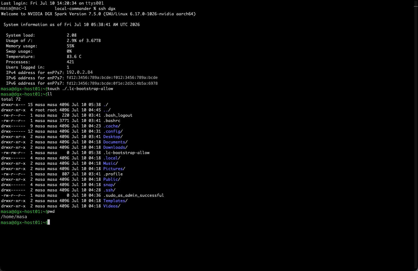 DGX Spark に初 ssh したときのバナー（実端末画面・ホスト名/IP のみ匿名化）