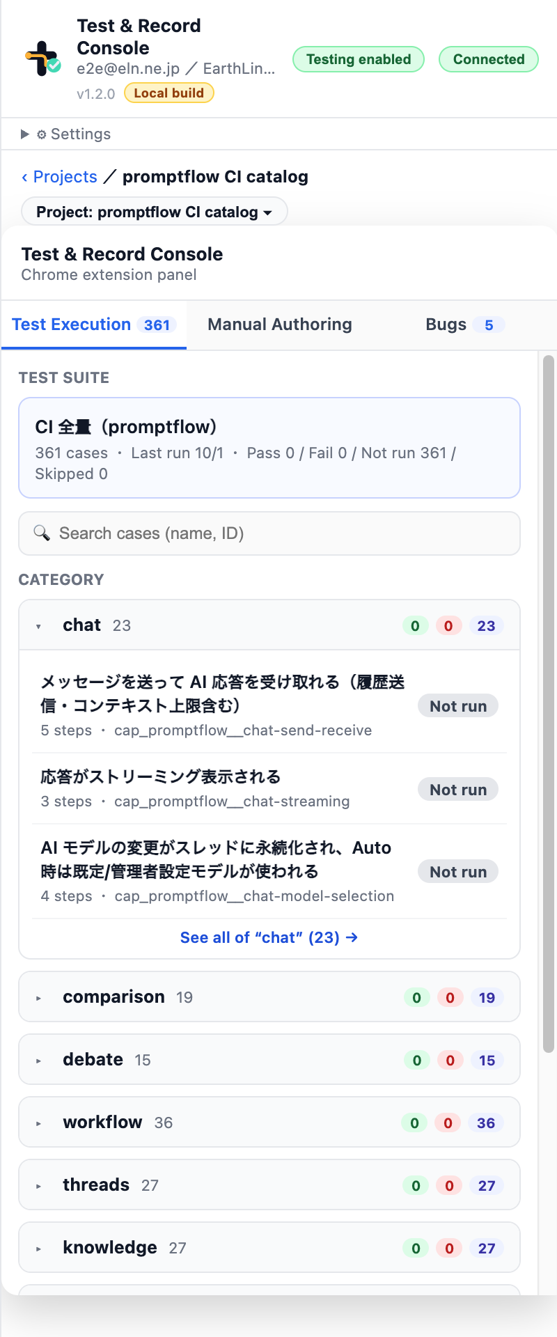 Tessvia拡張のテスト実行タブ。スイート「CI 全量(promptflow)」の361ケースが、chat・auth・billing など機能ごとのカテゴリに分かれて並ぶ。カテゴリを開くと、各ケース名と「5 steps」のようなステップ数が見える。(実画面・ローカル環境)