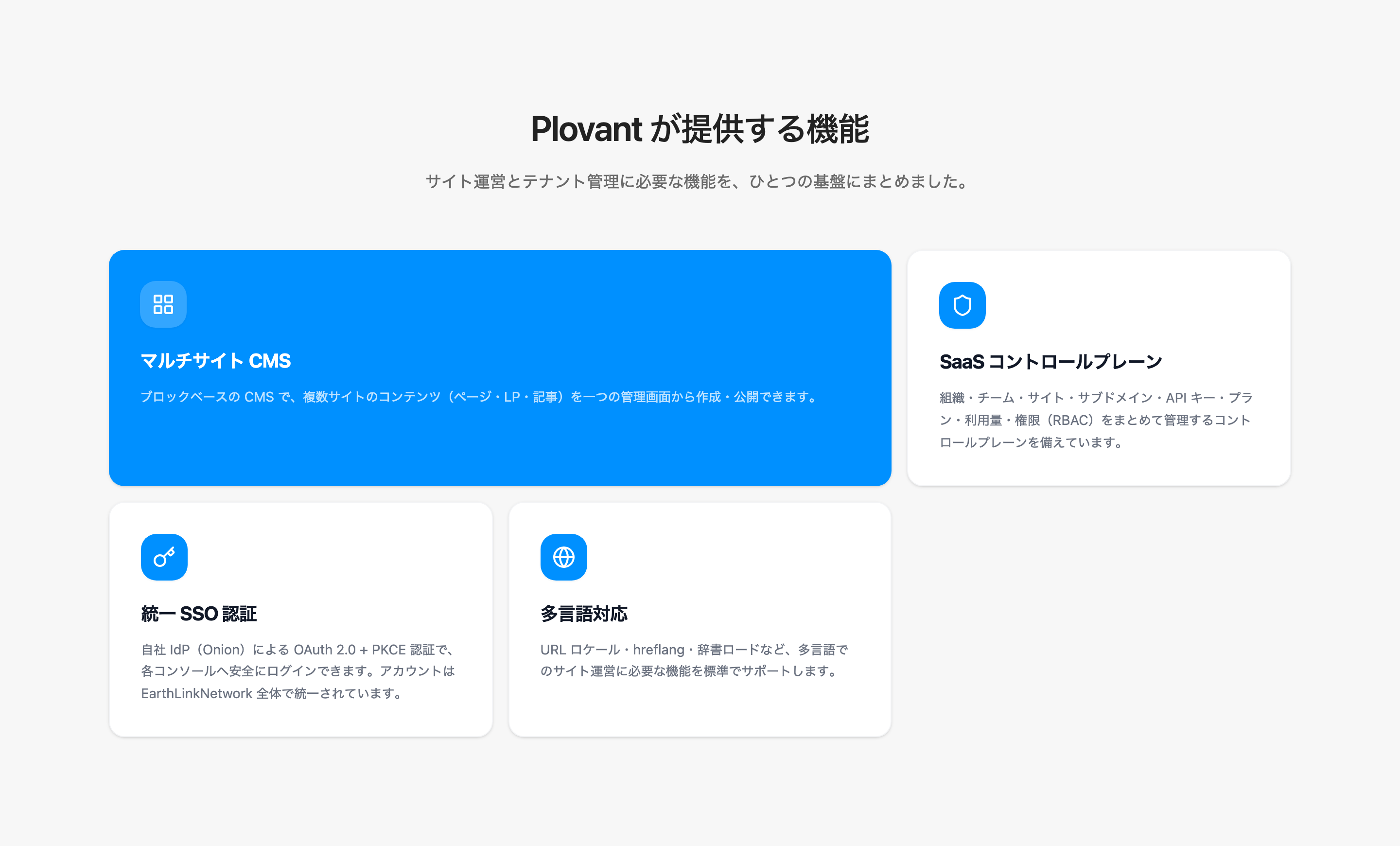 Plovantが提供する4つの機能。マルチサイトCMS・SaaSコントロールプレーン・統一SSO認証・多言語対応を1つの基盤で(https://plovant.com の実画面)